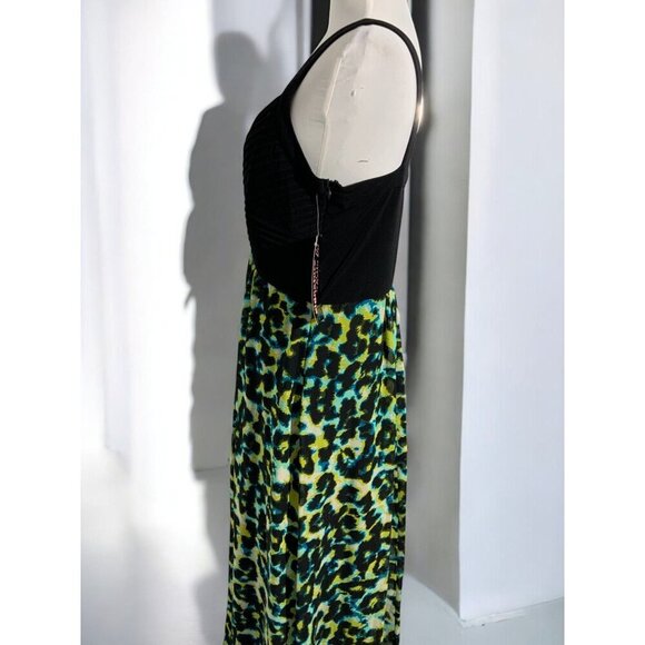 Signature By Robbie Bee Maxi Dress Black Ruched Multicolor Animal Print NEW 12 - Picture 3 of 9